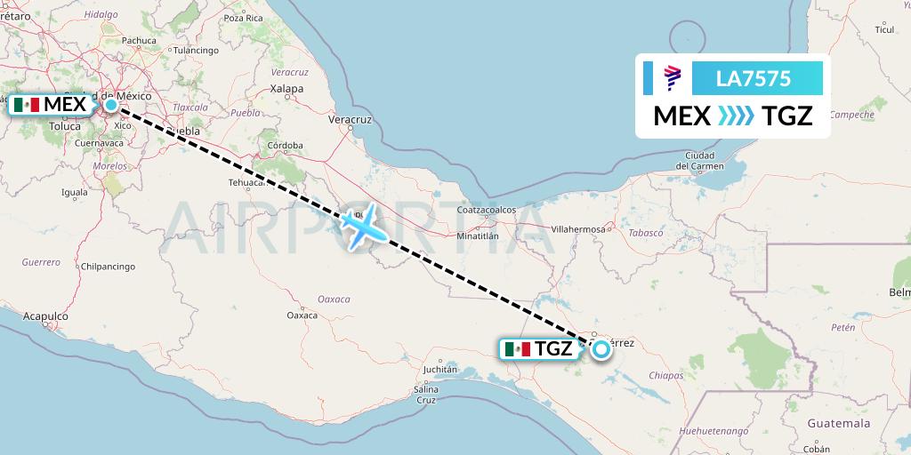 LA7575 LAN Airlines Flight Map: Mexico City to Tuxtla Gutierrez