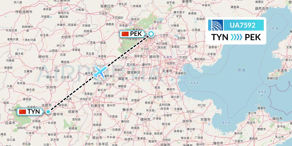 UA7592 United Airlines Flight Map: Taiyuan to Beijing
