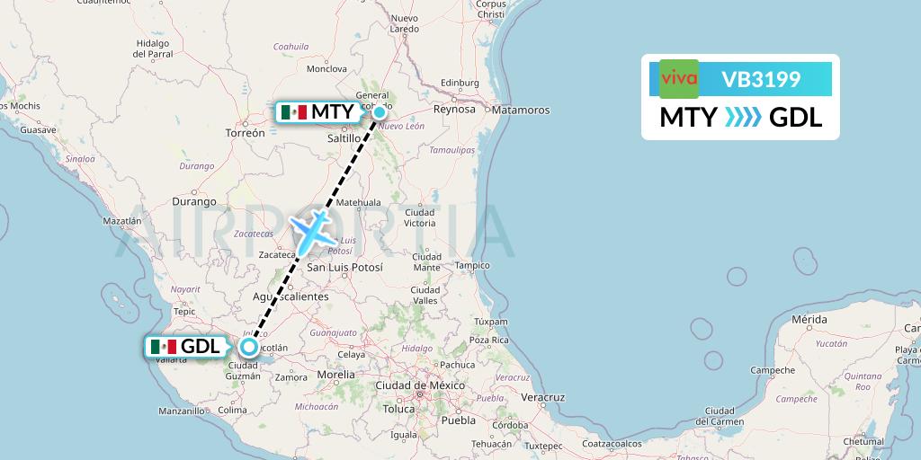 VB3199 VivaAerobus Flight Map: Monterrey to Guadalajara