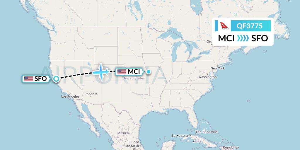 QF3775 Qantas Flight Map: Kansas City to San Francisco