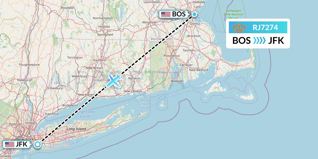 RJ7274 Royal Jordanian Flight Map: Boston to New York