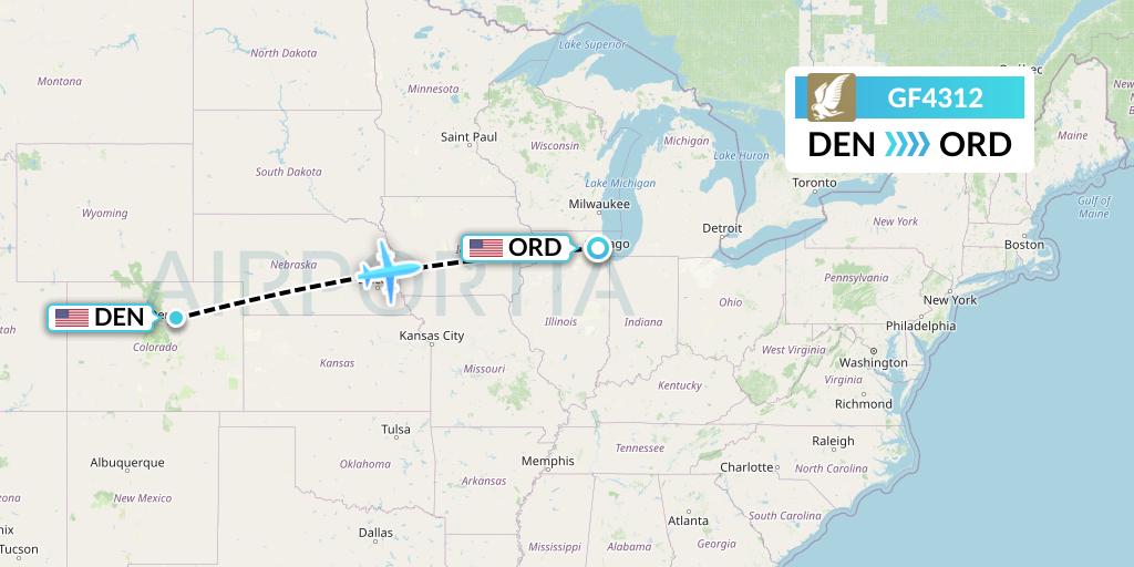 GF4312 Gulf Air Flight Map: Denver to Chicago