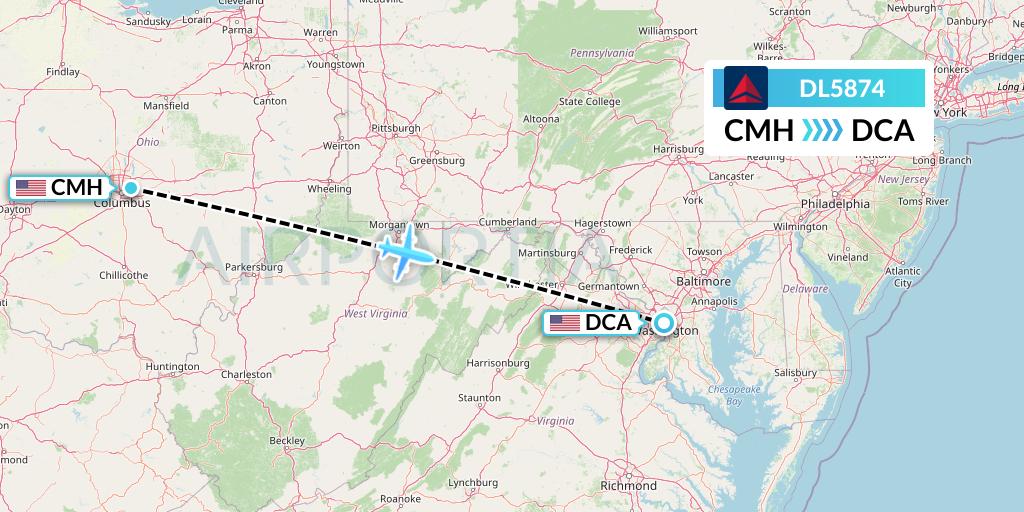 DL5874 Delta Air Lines Flight Map: Columbus to Washington
