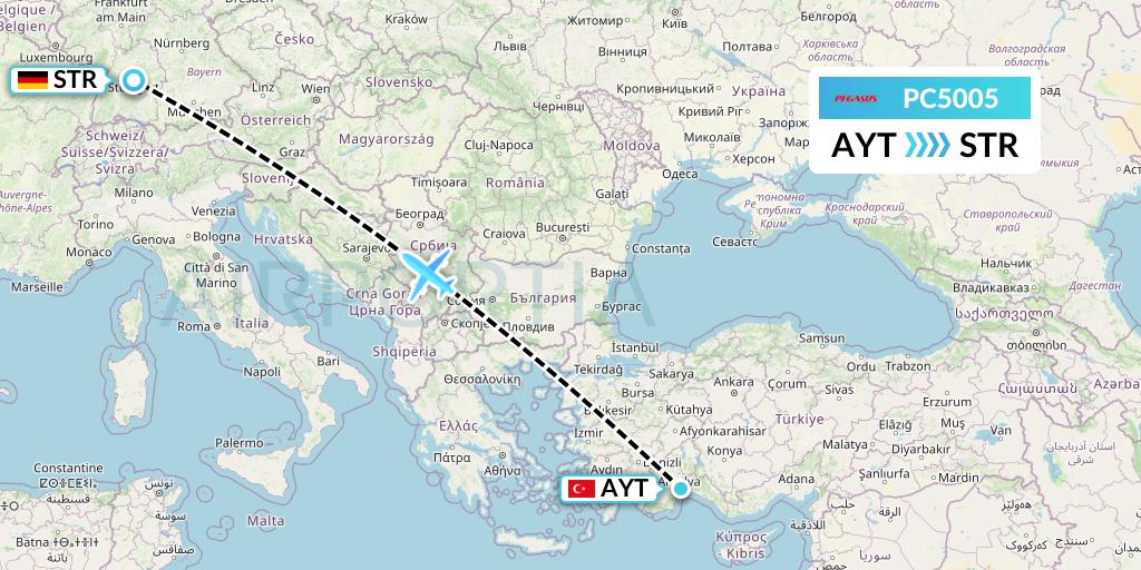 PC5005 Pegasus Airlines Flight Map: Antalya to Stuttgart