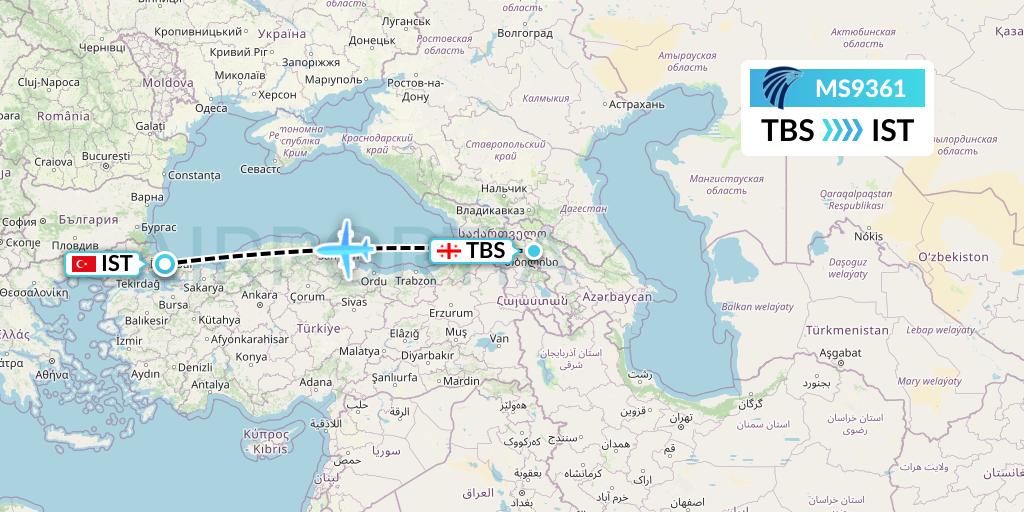 MS9361 EgyptAir Flight Map: Tbilisi to Istanbul