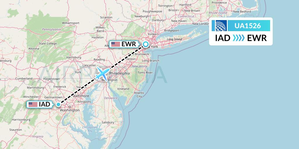 UA1526 United Airlines Flight Map: Washington to New York
