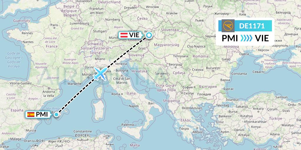 DE1171 Condor Flight Map: Palma de Mallorca to Vienna