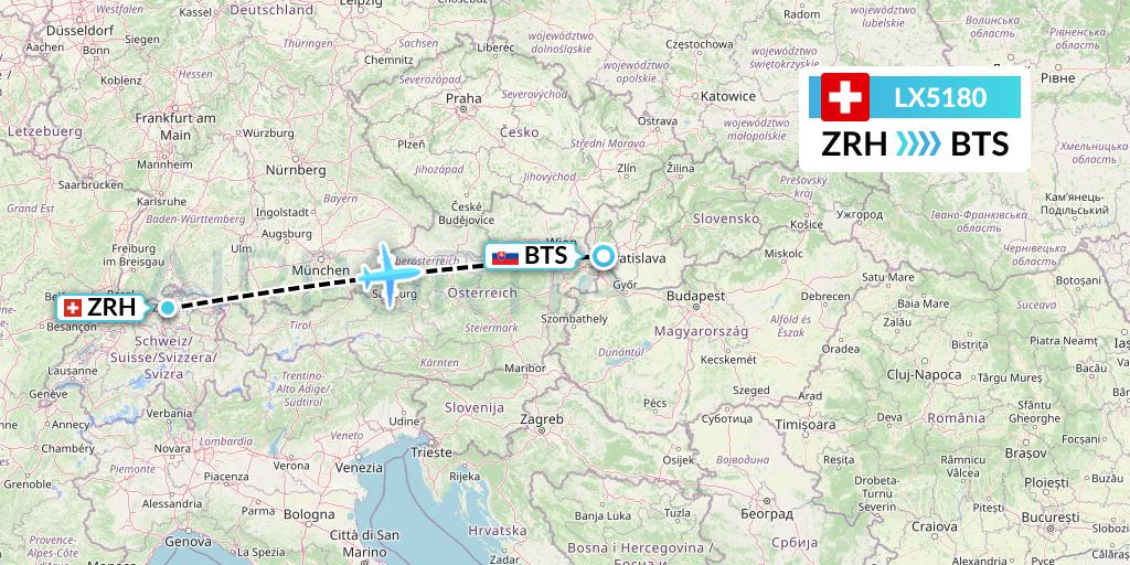 LX5180 Swiss Flight Map: Zurich to Bratislava