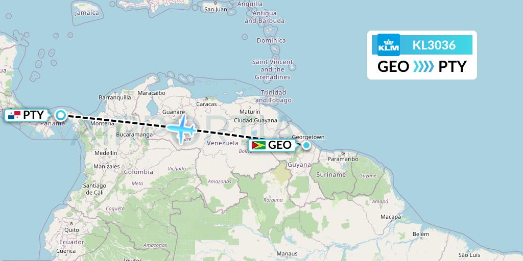 KL3036 KLM Flight Map: Georgetown to Panama City