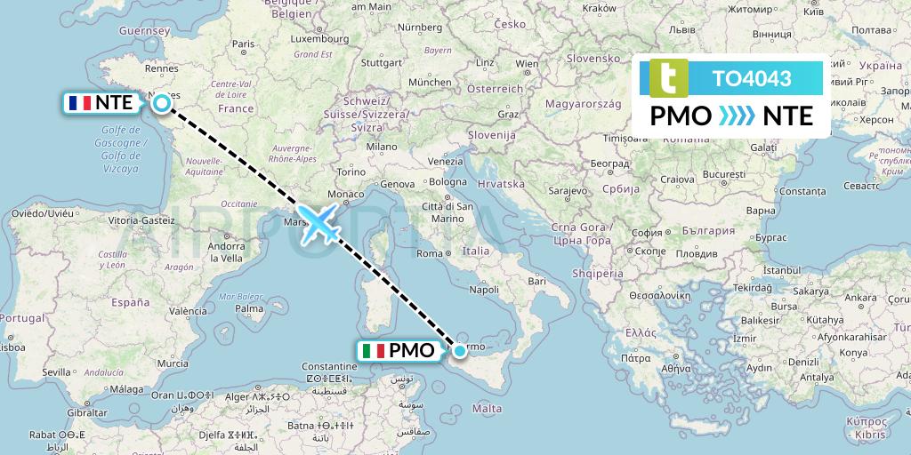 TO4043 Transavia France Flight Map: Palermo to Nantes