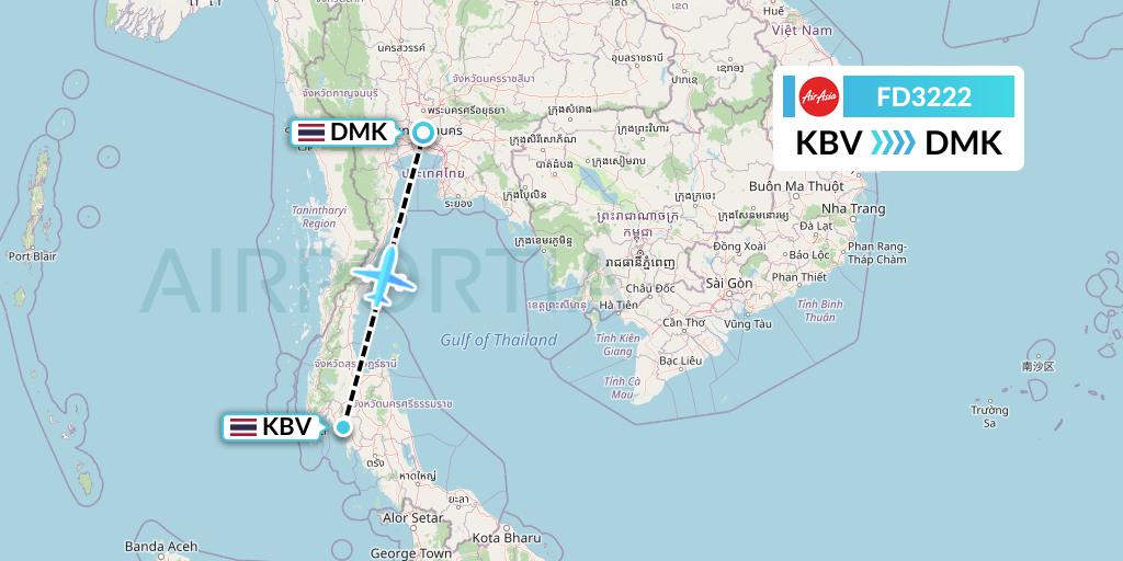 FD3222 Thai AirAsia Flight Map: Krabi to Bangkok