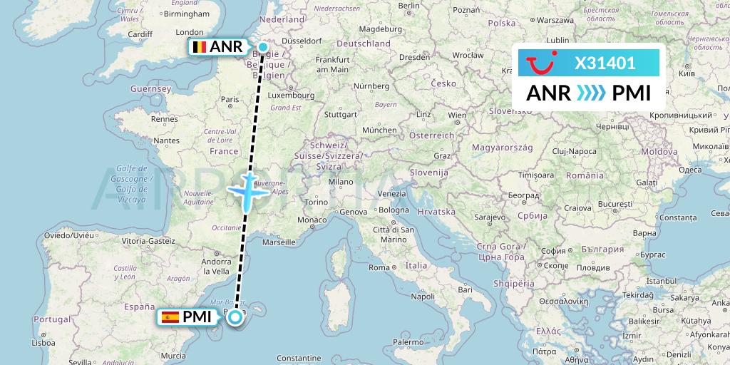 X31401 TUI fly Germany Flight Map: Antwerp to Palma de Mallorca