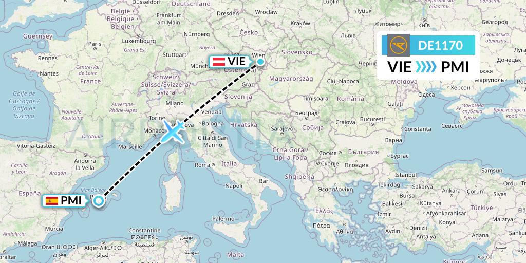 DE1170 Condor Flight Map: Vienna to Palma de Mallorca