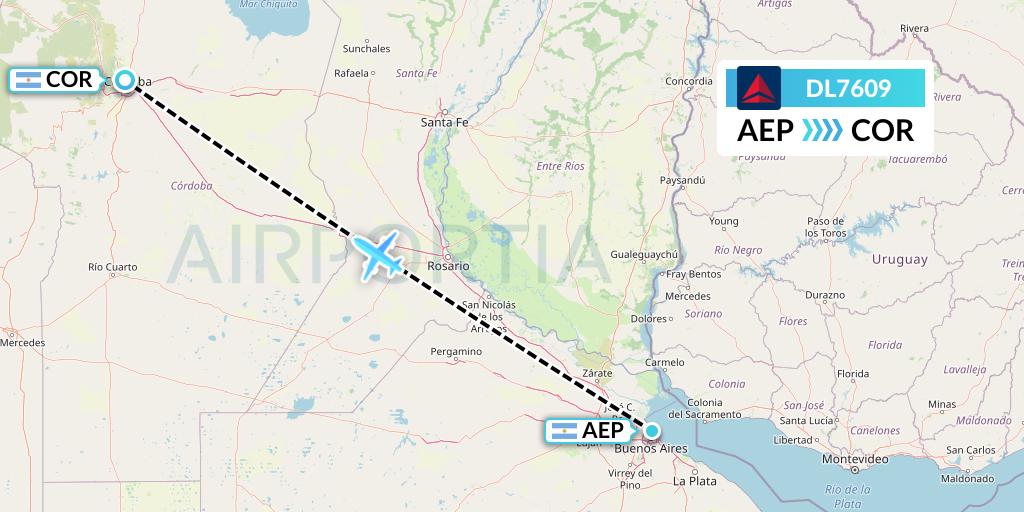 DL7609 Delta Air Lines Flight Map: Buenos Aires to Cordoba
