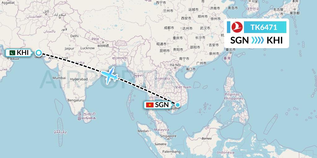 TK6471 Turkish Airlines Flight Map: Ho Chi Minh City to Karachi