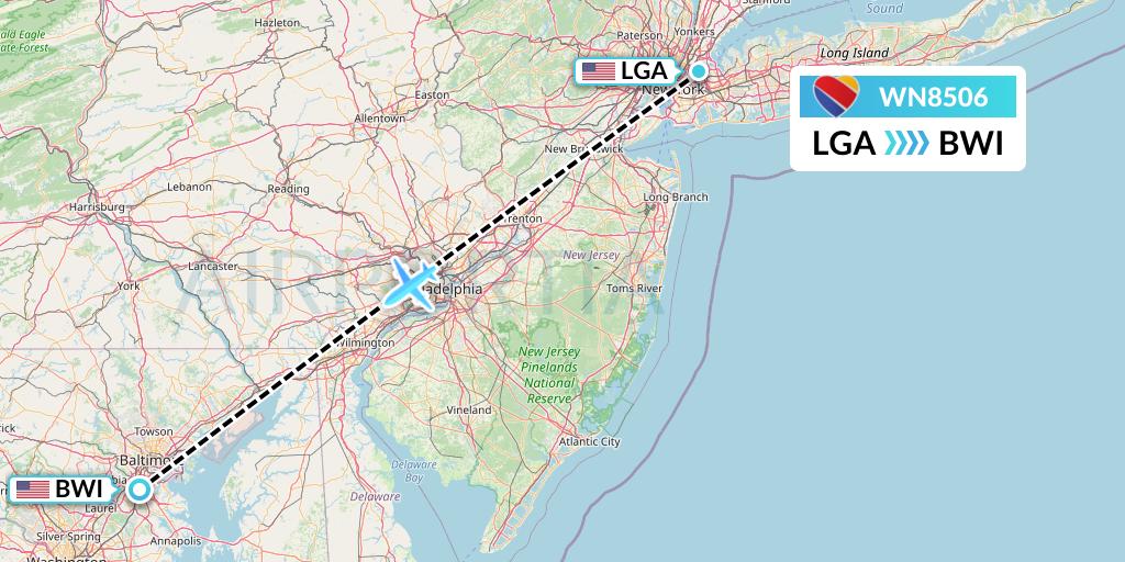 WN8506 Southwest Airlines Flight Map: New York to Baltimore