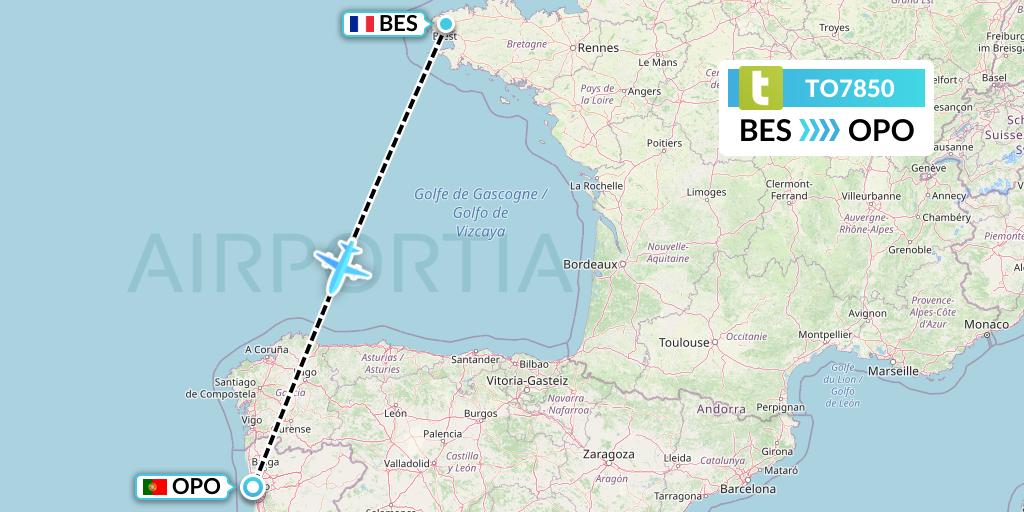 TO7850 Transavia France Flight Map: Brest to Porto