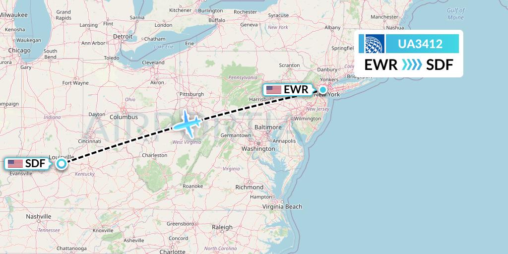 UA3412 United Airlines Flight Map: New York to Louisville