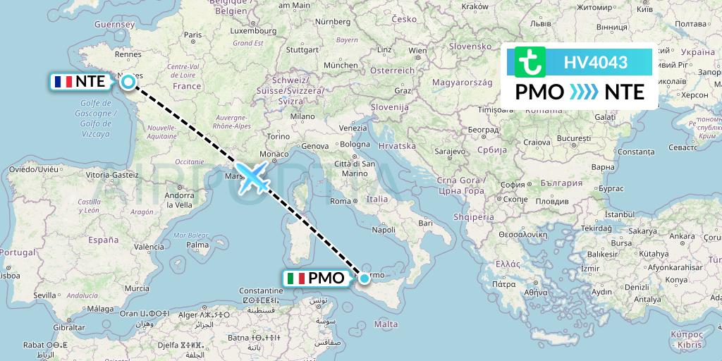 HV4043 Transavia Flight Map: Palermo to Nantes