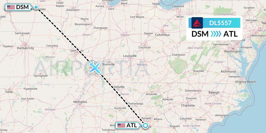 DL5557 Delta Air Lines Flight Map: Des Moines to Atlanta