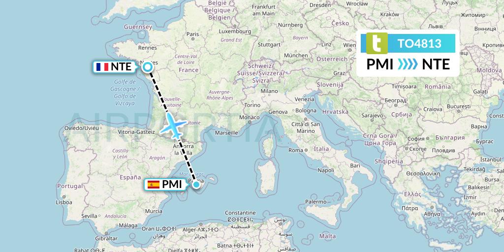 TO4813 Transavia France Flight Map: Palma de Mallorca to Nantes