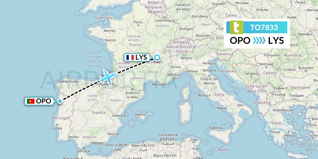 TO7833 Transavia France Flight Map: Porto to Lyon