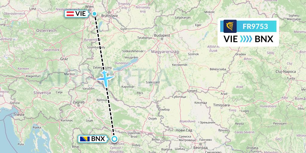 FR9753 Ryanair Flight Map: Vienna to Banja Luka