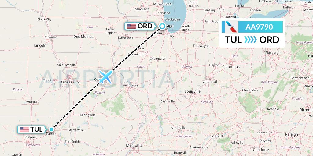 AA9790 American Airlines Flight Map: Tulsa to Chicago