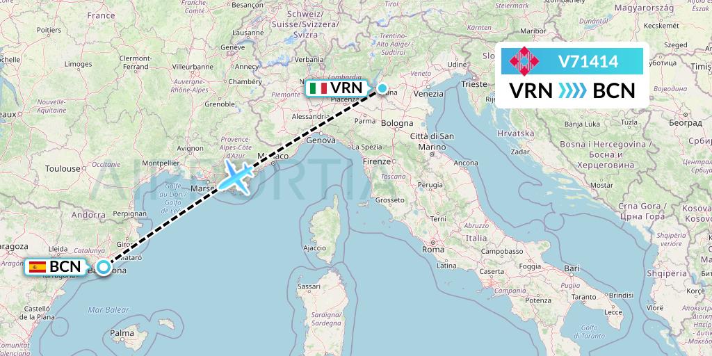 V71414 Volotea Flight Map: Verona to Barcelona