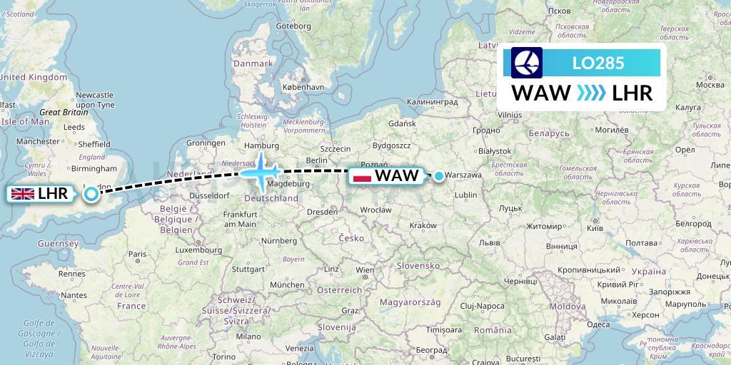 LO285 LOT Flight Map: Warsaw to London
