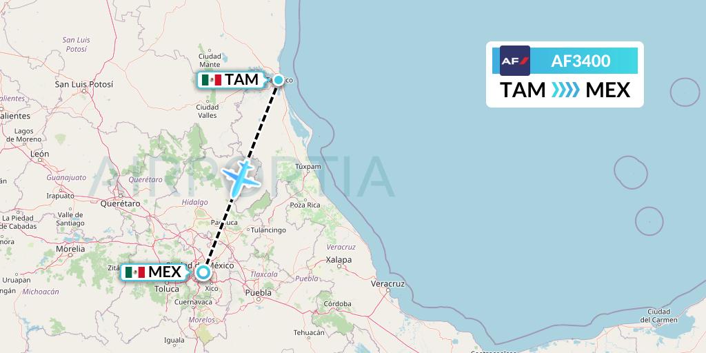 AF3400 Air France Flight Map: Tampico to Mexico City