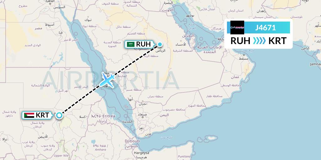 J4671 Badr Airlines Flight Map: Riyadh to Khartoum