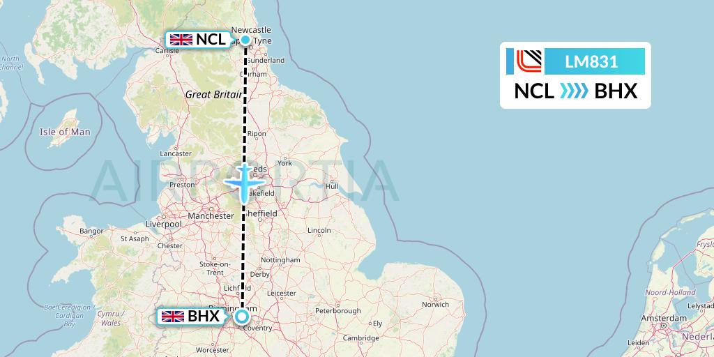 LM831 Loganair Flight Map: Newcastle to Birmingham