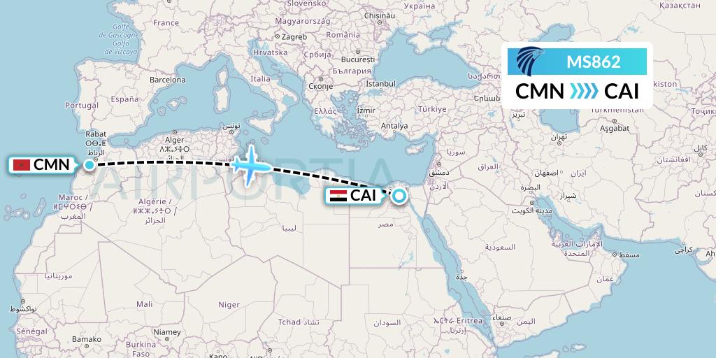 MS862 EgyptAir Flight Map: Casablanca to Cairo