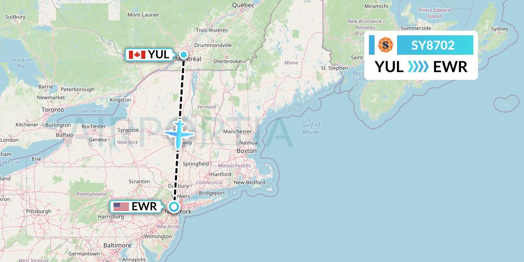 SY8702 Sun Country Airlines Flight Map: Montreal to New York