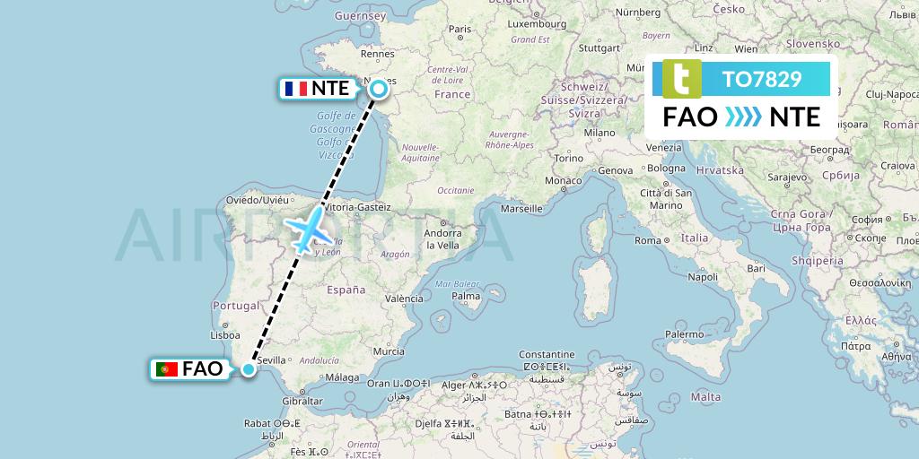 TO7829 Transavia France Flight Map: Faro to Nantes