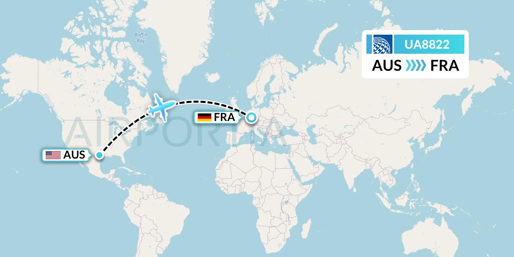 UA8822 United Airlines Flight Map: Austin to Frankfurt