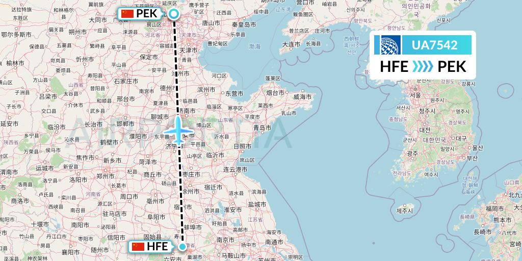 UA7542 United Airlines Flight Map: Hefei to Beijing