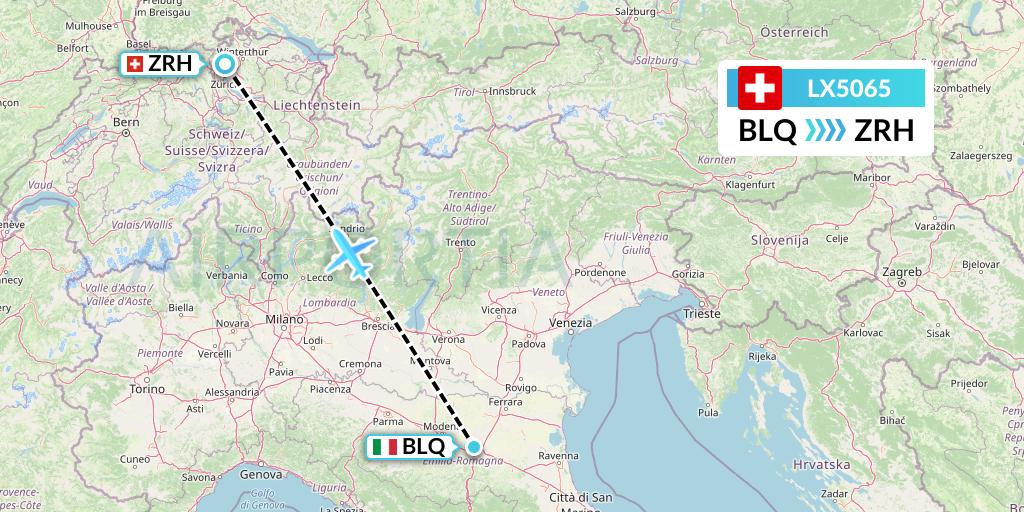 LX5065 Swiss Flight Map: Bologna to Zurich