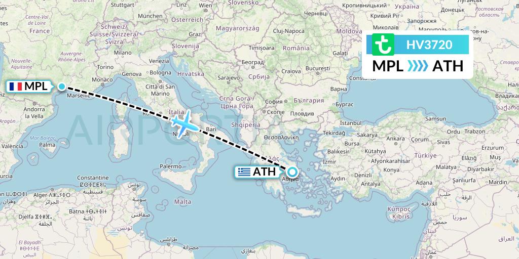 HV3720 Transavia Flight Map: Montpellier to Athens