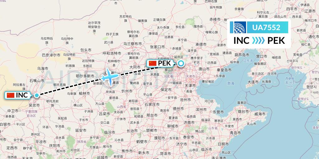 UA7552 United Airlines Flight Map: Yinchuan to Beijing