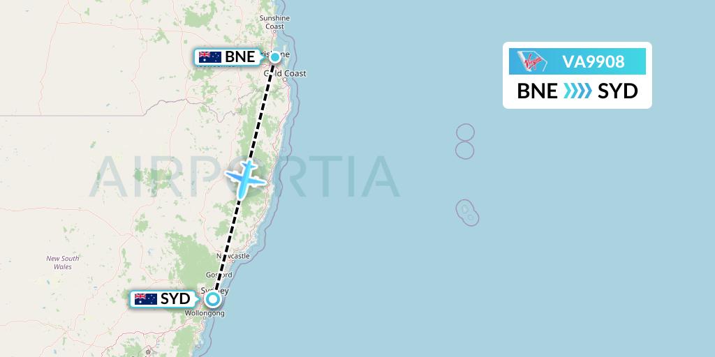 VA9908 Virgin Australia Flight Map: Brisbane to Sydney