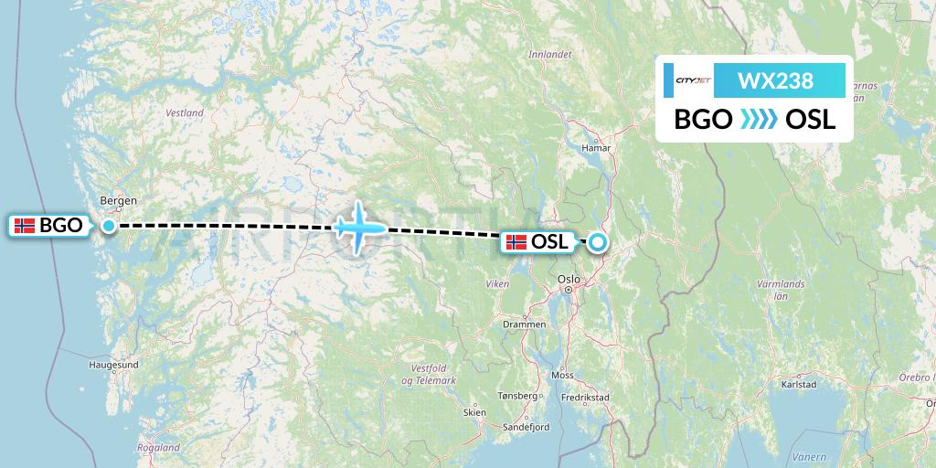 WX238 Cityjet Flight Map: Bergen to Oslo