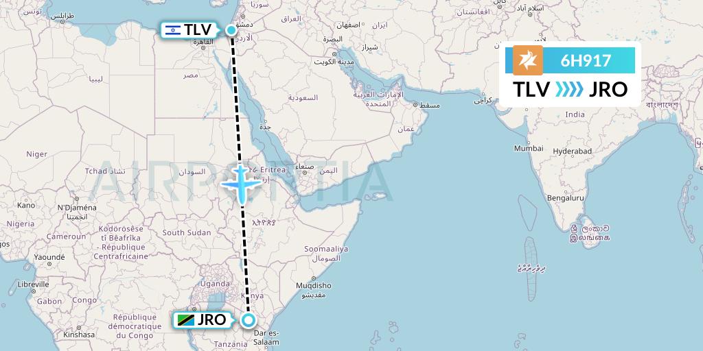 6H917 Israir Airlines Flight Map: Tel Aviv to Kilimanjaro