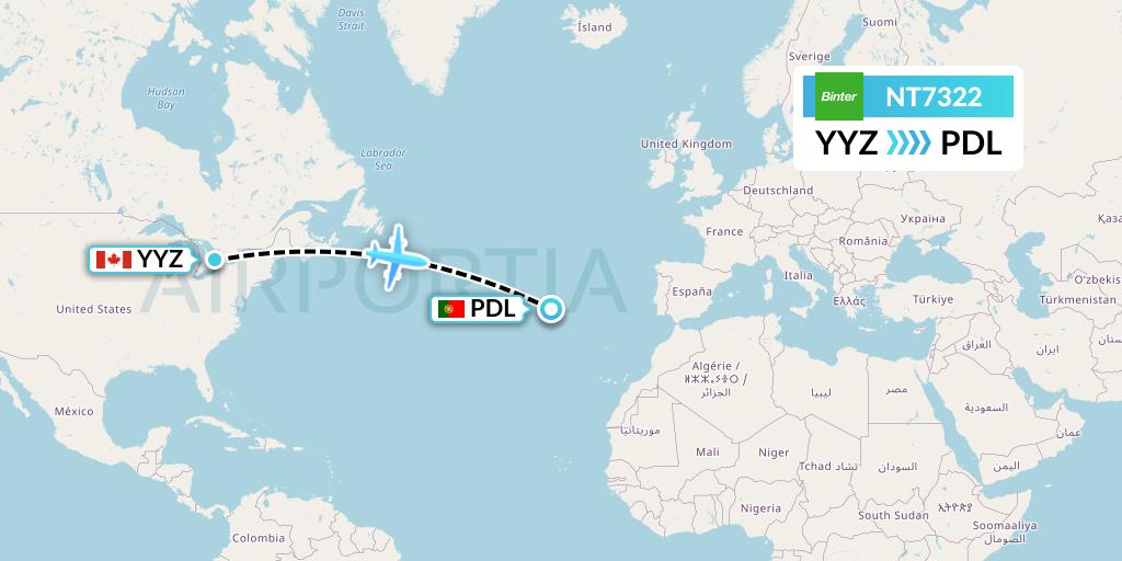 NT7322 Binter Canarias Flight Map: Toronto to Ponta Delgada