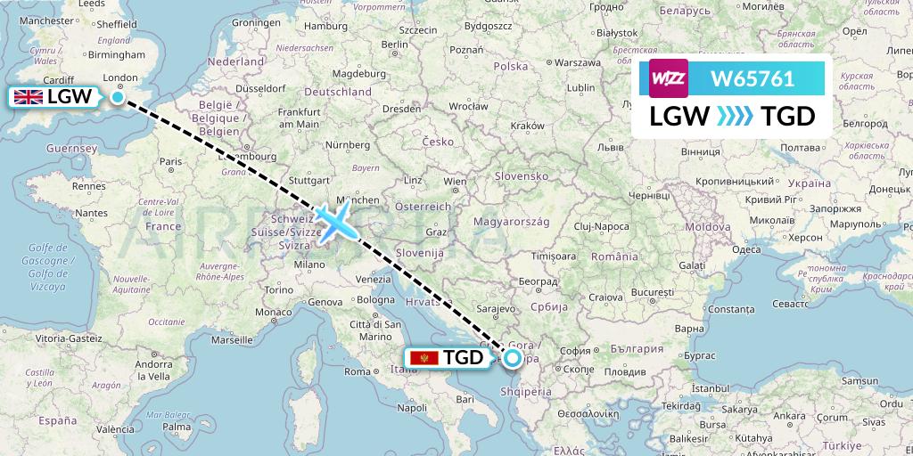 W65761 Wizz Air Flight Map: London to Podgorica