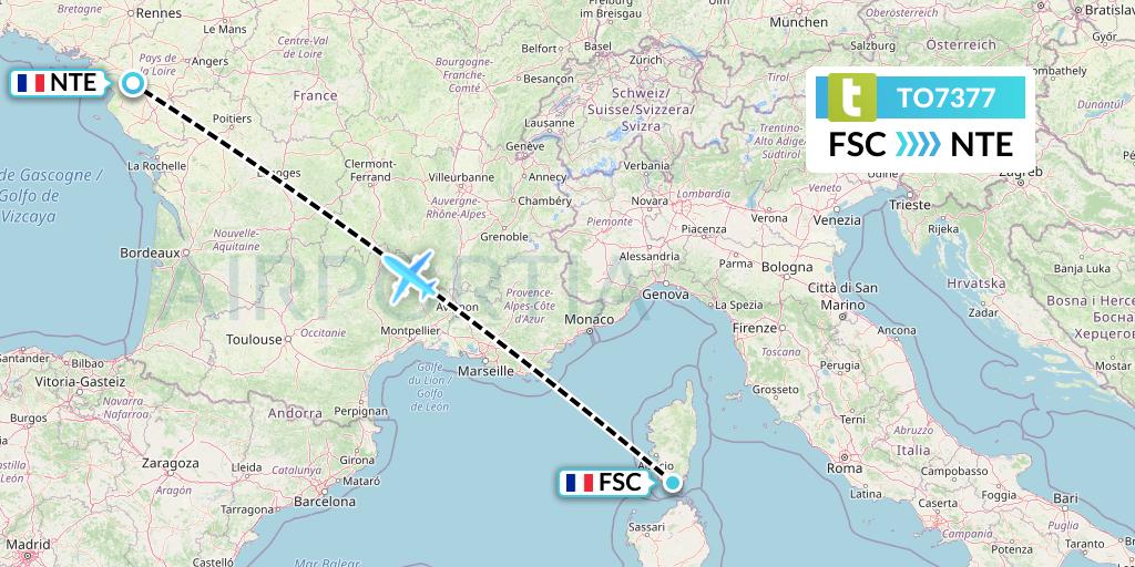 TO7377 Transavia France Flight Map: Figari to Nantes