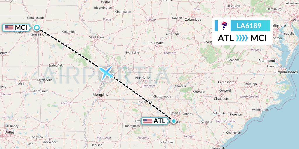 LA6189 LAN Airlines Flight Map: Atlanta to Kansas City