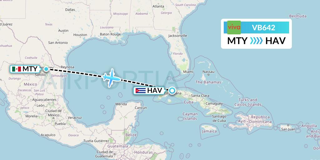 VB642 VivaAerobus Flight Map: Monterrey to Havana