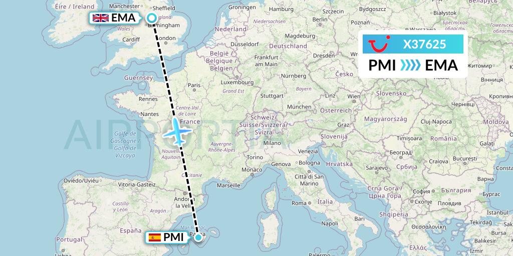 X37625 TUI fly Germany Flight Map: Palma de Mallorca to East Midlands